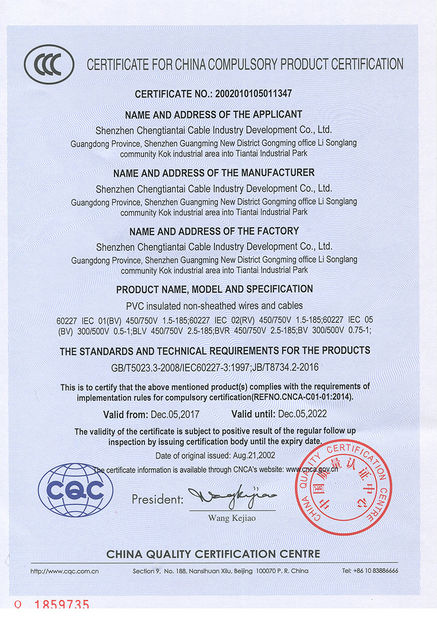 ΚΙΝΑ Shenzhen Chengtiantai Cable Industry Development Co.,Ltd Πιστοποιήσεις